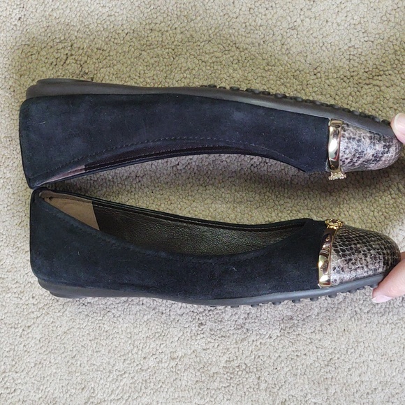 VGUC Tory Burch Pacey driver ballet flat black suede snakeskin print cap toe - Picture 6 of 8